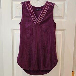 PRANA V-Neck Sleeveless Purple Organic Cotton Tunic with Embroidery Detail, S